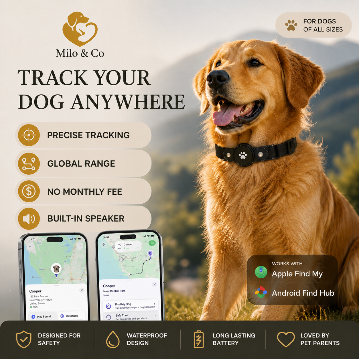 Waterproof GPS Tracker Dog Collar – Real-Time Location Tracking, No Monthly Fee, Works with Apple Find My & Android