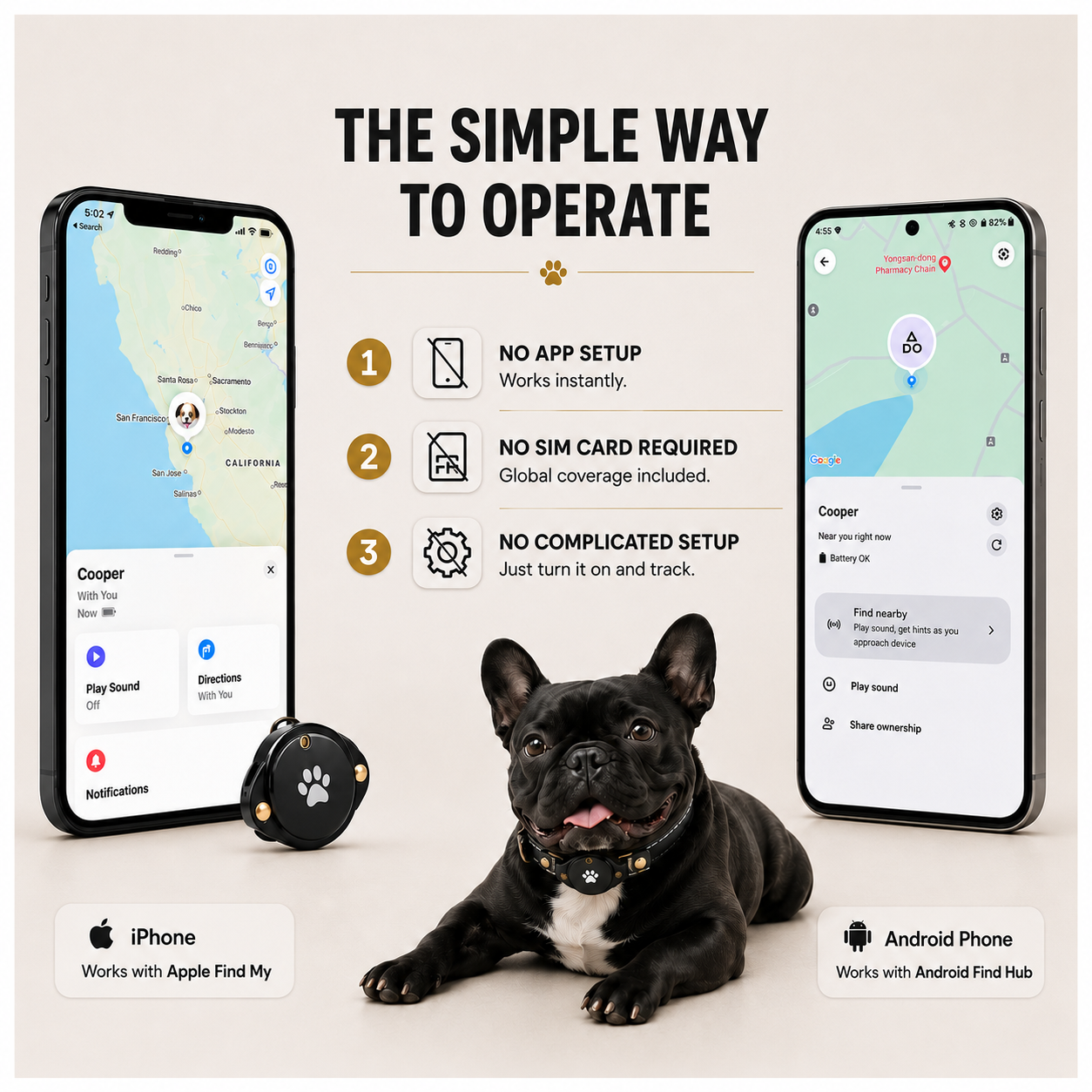 Waterproof GPS Tracker Dog Collar – Real-Time Location Tracking, No Monthly Fee, Works with Apple Find My & Android