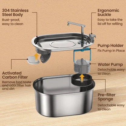 Stainless Steel Water Fountain for Cats Natural Hydration 3.2L